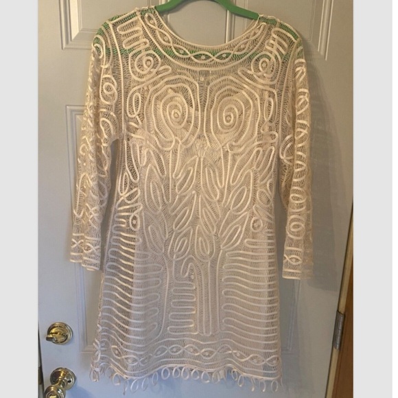 Cream Lace Overlay Dress Lined Boho Chic Size S Crochet Look Looped Hem - Picture 7 of 8